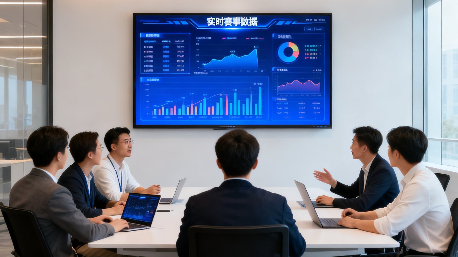 球探篮球比分现代化办公区内团队成员围绕数据方案展开热烈讨论，墙上大屏显示实时赛事数据