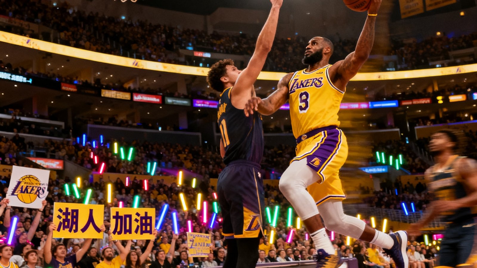 NBA洛杉矶湖人队球员在明亮球馆中激烈对抗，篮球即将出手，观众席座无虚席
