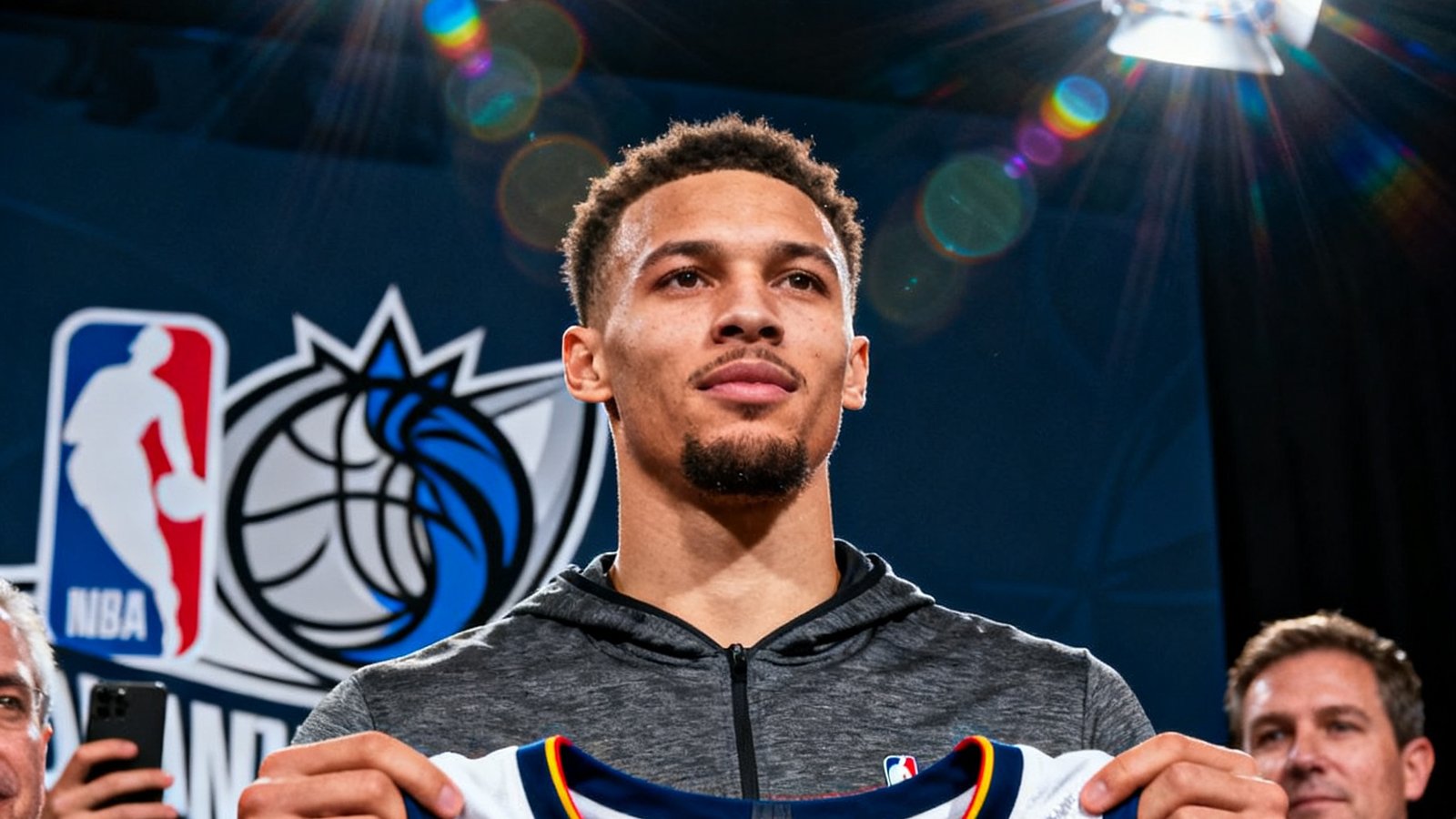 NBA球员在新闻发布会上展示新球队球衣，背景是球队logo和媒体闪光灯